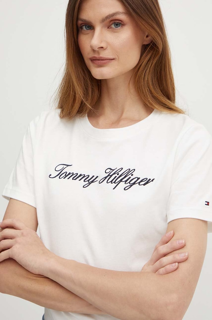 Памучна тениска Tommy Hilfiger щампа бял WW0WW43459