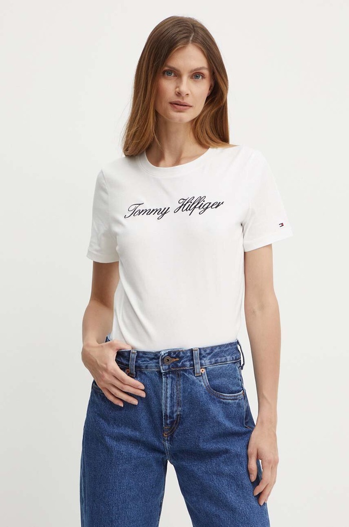 Памучна тениска Tommy Hilfiger бял WW0WW43459