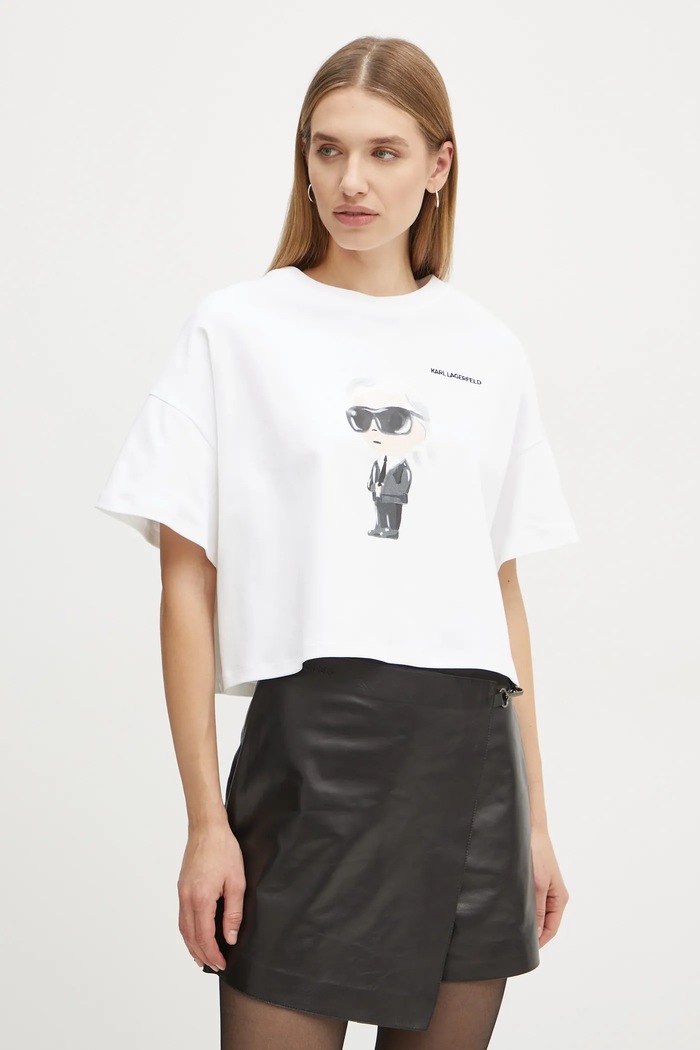 Bavlněné tričko Karl Lagerfeld IKON kulatý béžová A1W17132