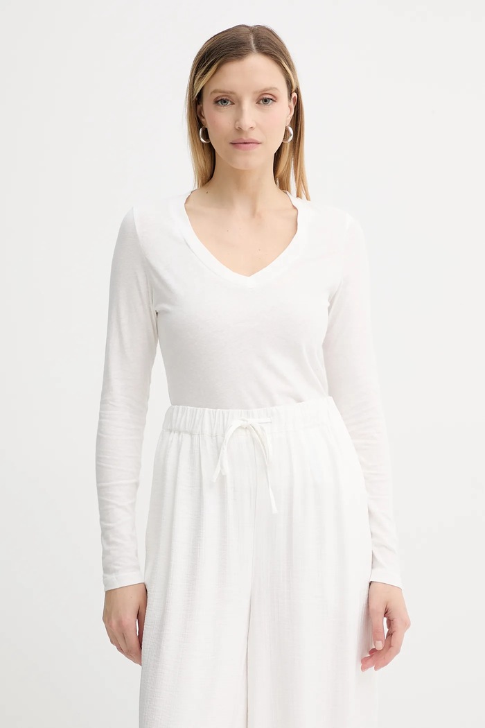 Bavlněné tričko s dlouhým rukávem American Vintage hladký bílá GAMI02E