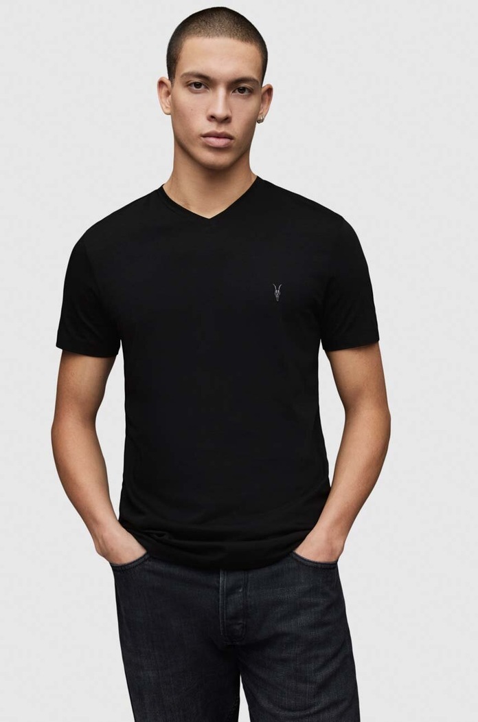 AllSaints - Tričko Tonic V-neck hladký černá MD001M