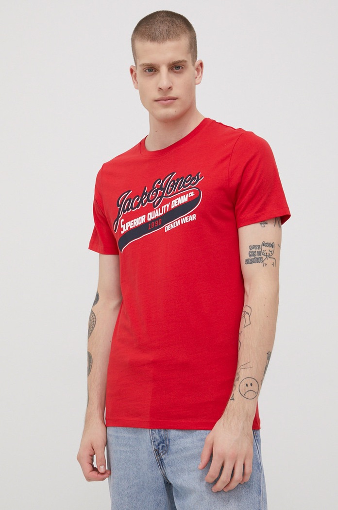 Bavlnené tričko Jack & Jones potlač červená 12199474.TrueRed