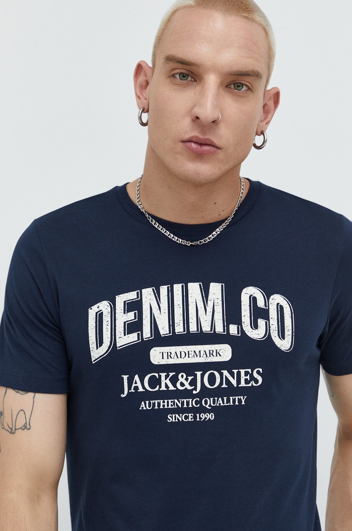 Bavlněné tričko Jack & Jones potisk námořnická modř 12210949.NavyBlazer