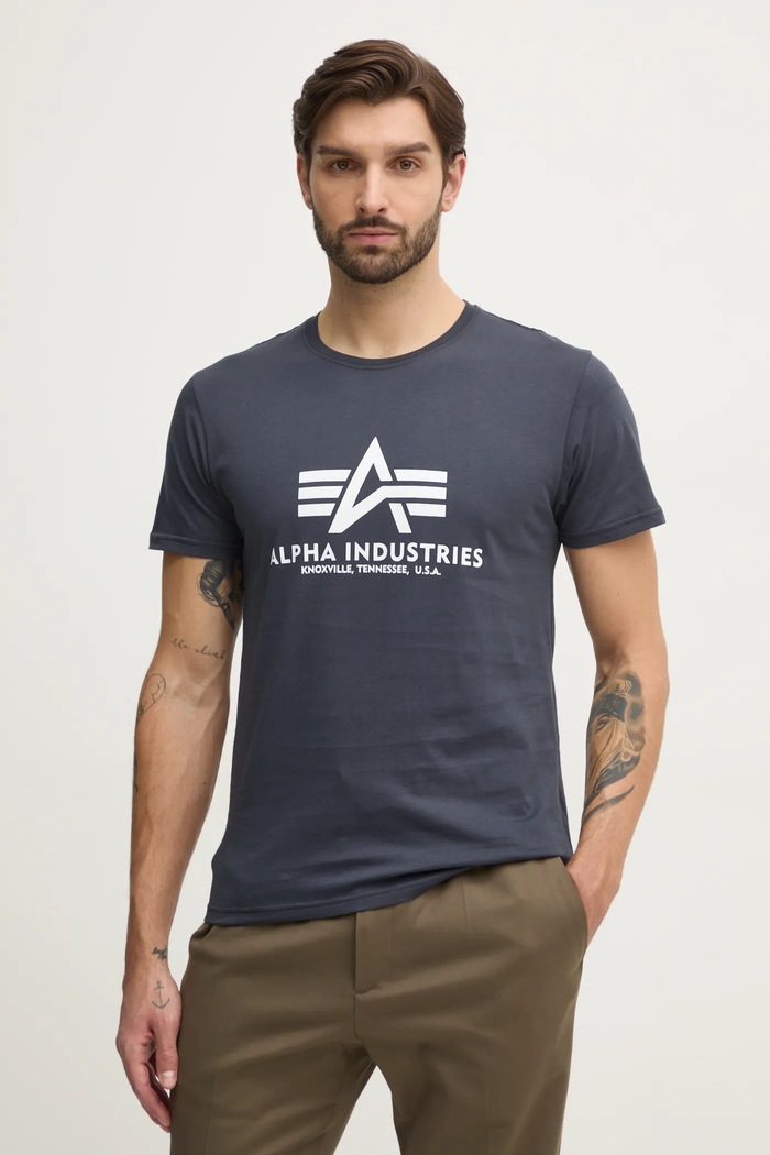 Bavlnené tričko Alpha Industries Basic potlač tmavomodrá 100501.02