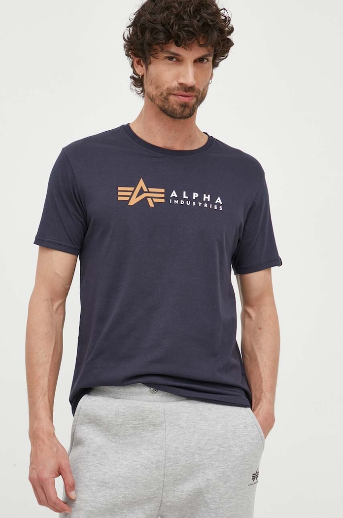 Bombažna kratka majica Alpha Industries Koszulka Alpha Industries Alpha Label T 118502 07 Potisk mornarsko modra 118502.07
