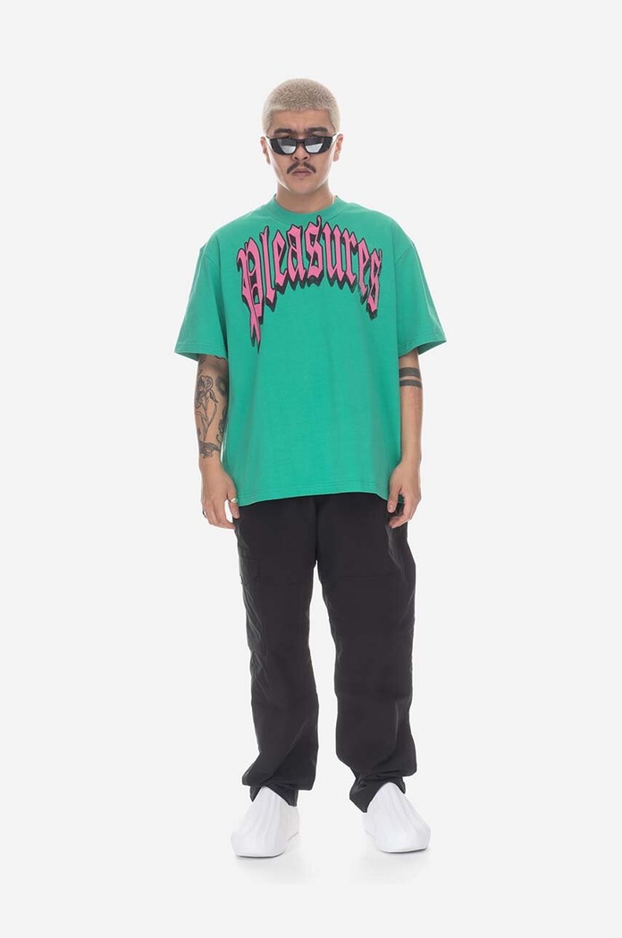 Clothing PLEASURES cotton T-shirt Twitch Heavyweight P23SP028 green