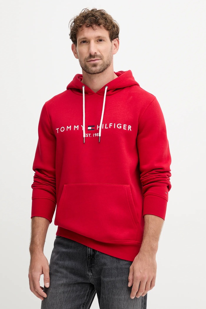 Tommy Hilfiger bluza z kapturem męska z bawełną czerwony MW0MW11599