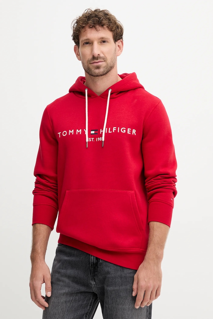 Tommy Hilfiger bluza z kapturem męska z bawełną czerwony MW0MW11599