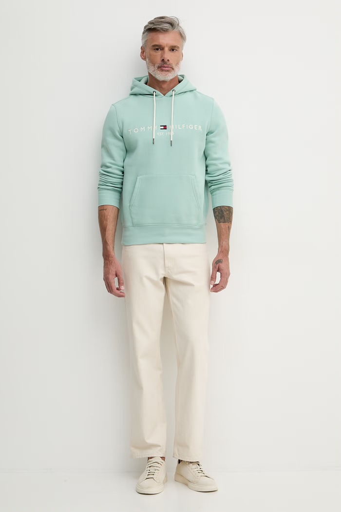 Tommy Hilfiger hanorac cu glugă bărbătesc cu bumbac MW0MW11599 turcoaz SS26