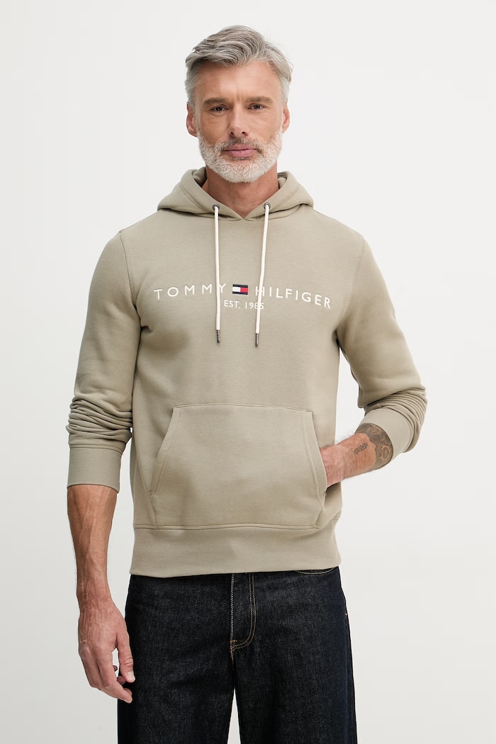 Tommy Hilfiger Hanorac cu glugă bărbătesc cu bumbac verde MW0MW11599