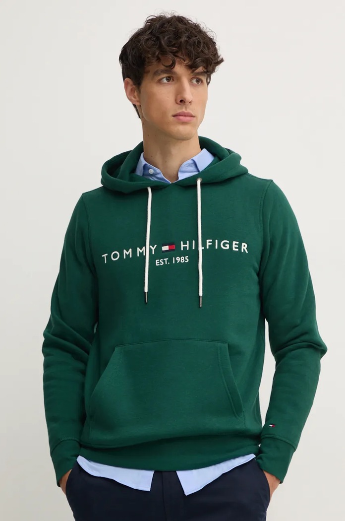 Tommy Hilfiger bluza z kapturem męska z bawełną zielony MW0MW11599