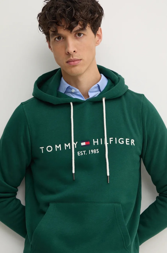 Tommy Hilfiger bluza z kapturem męska z bawełną zielony MW0MW11599