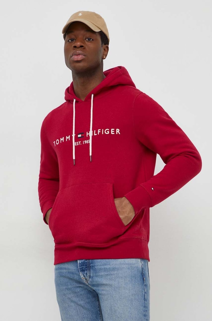 Tommy Hilfiger hanorac cu glugă bărbătesc din bumbac imprimeu burgundia MW0MW11599