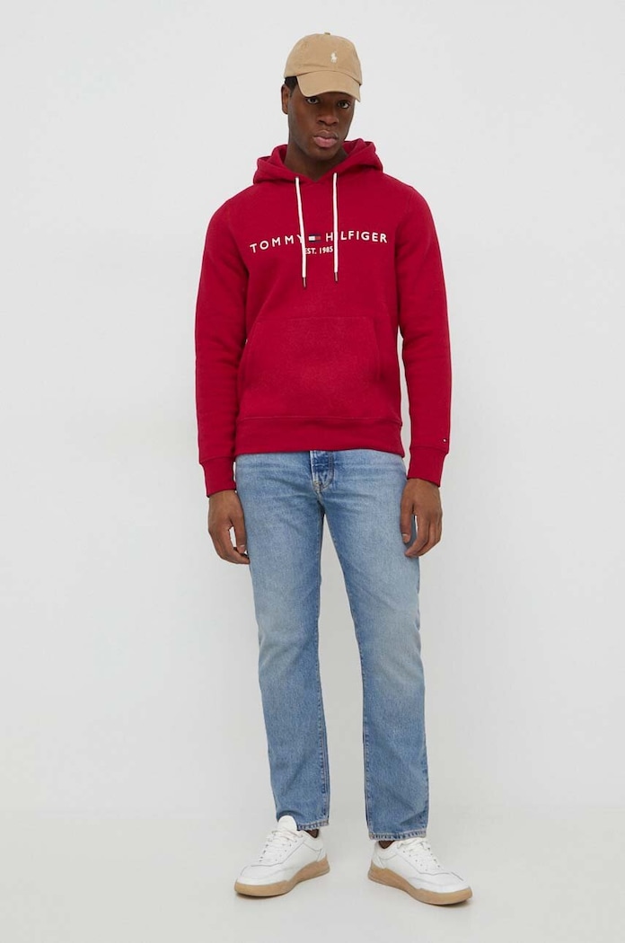 Tommy Hilfiger hanorac cu glugă bărbătesc din bumbac MW0MW11599 burgundia SS26