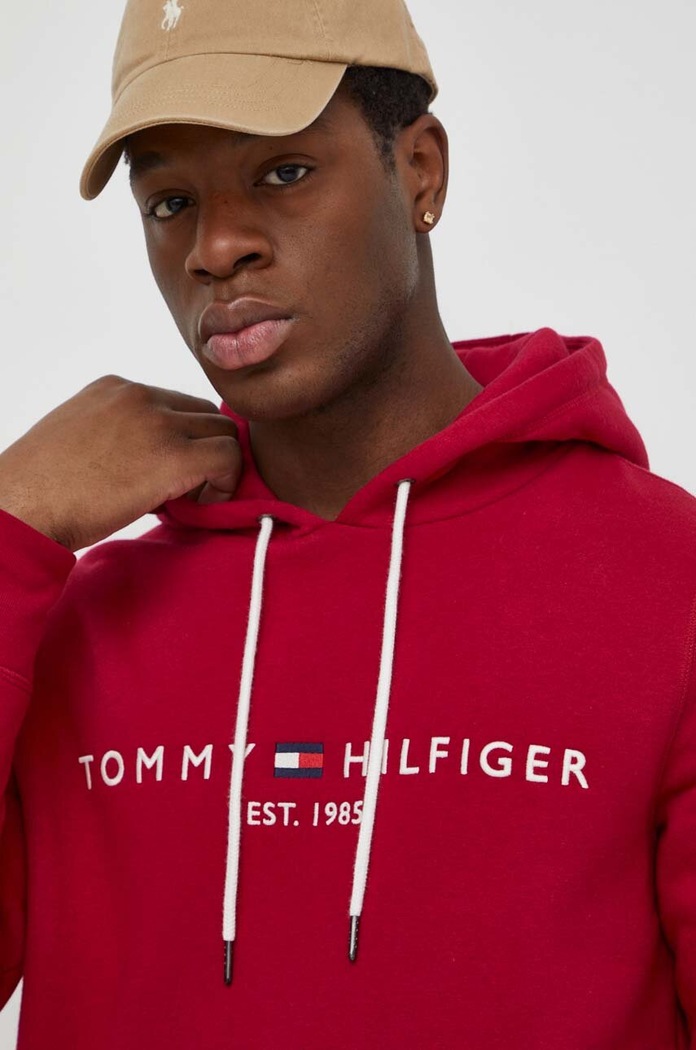 Tommy Hilfiger hanorac cu glugă bărbătesc din bumbac burgundia MW0MW11599