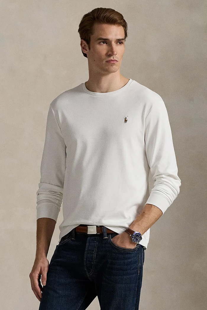 Polo Ralph Lauren - Pánske tričko s dlhým rukávom jednofarebný biela 710760121002
