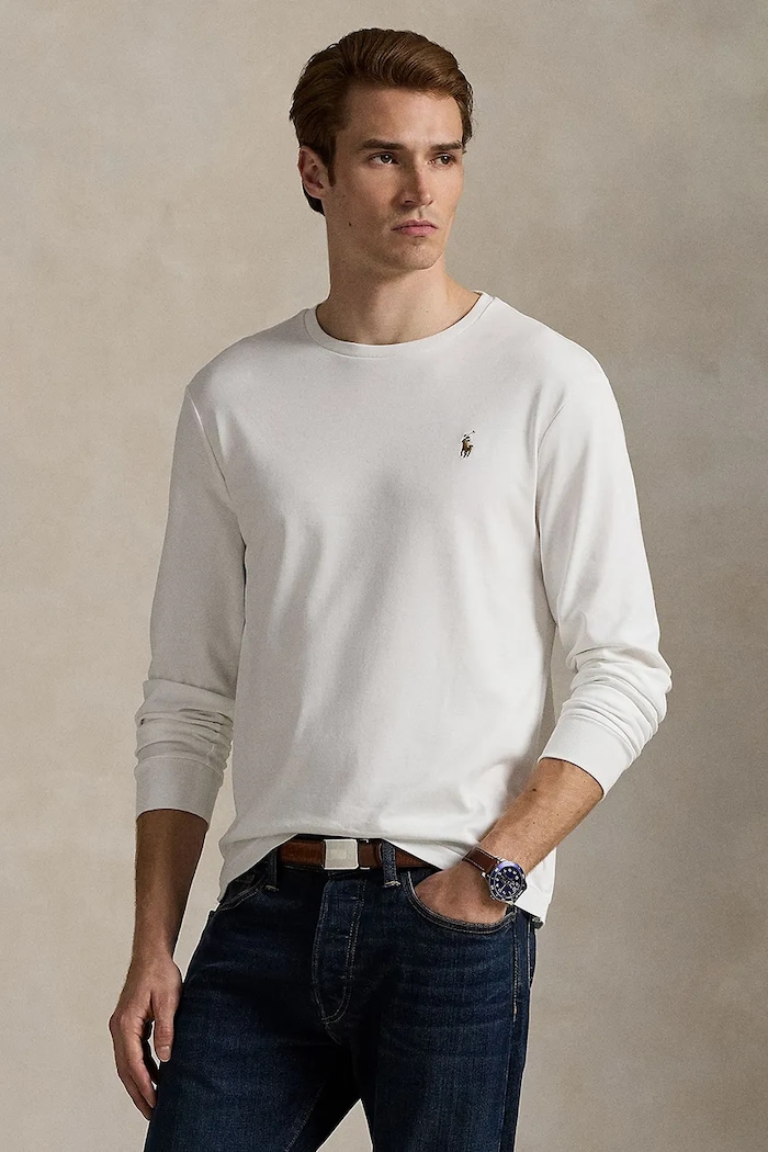 Polo Ralph Lauren - Pánske tričko s dlhým rukávom jednofarebný biela 710760121002