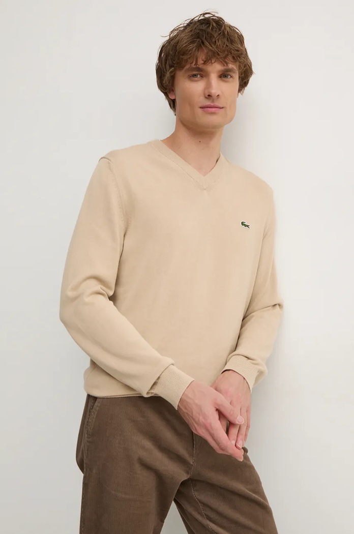 Lacoste sveter pánsky bavlnený bavlna béžová AH1951