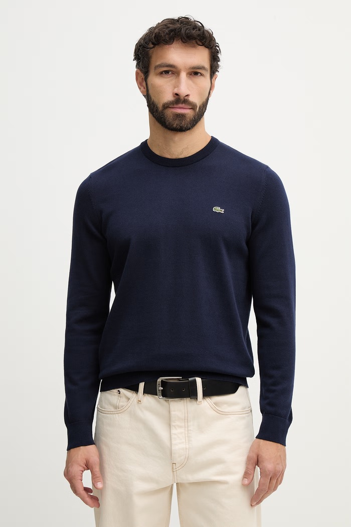Lacoste pulover moški bombažen mornarsko modra AH1985