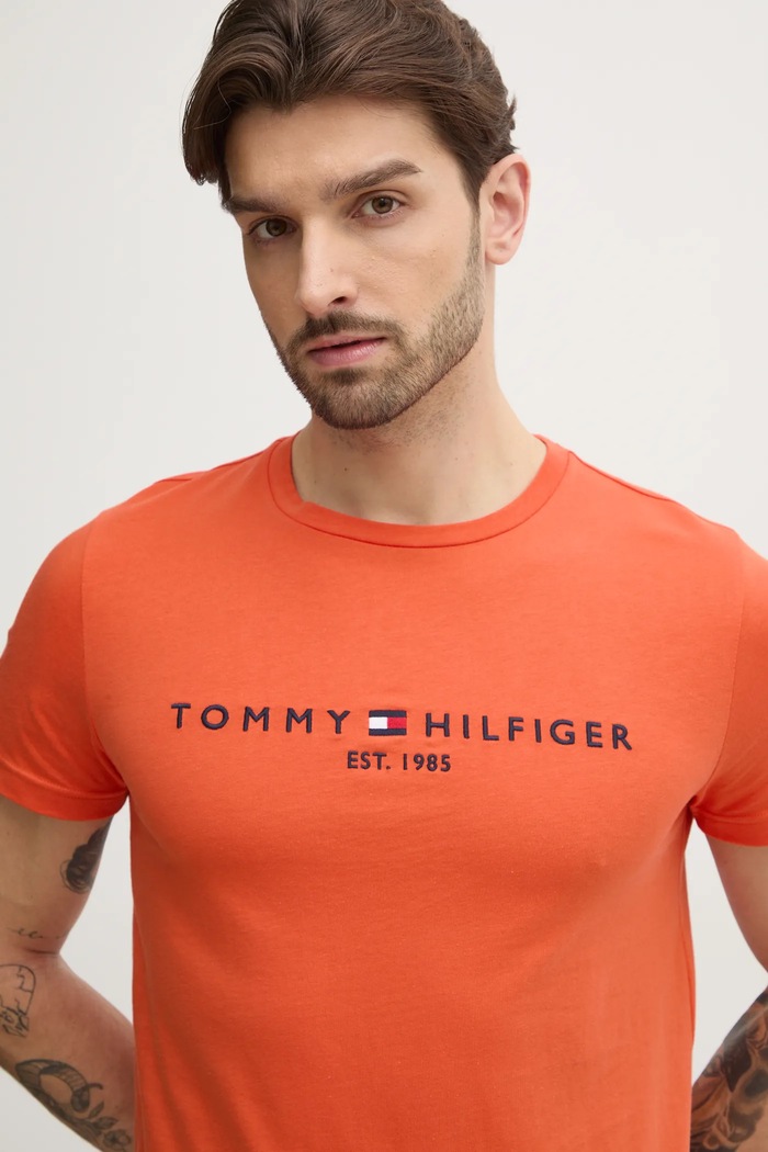 Βαμβακερό μπλουζάκι Tommy Hilfiger πορτοκαλί MW0MW11797