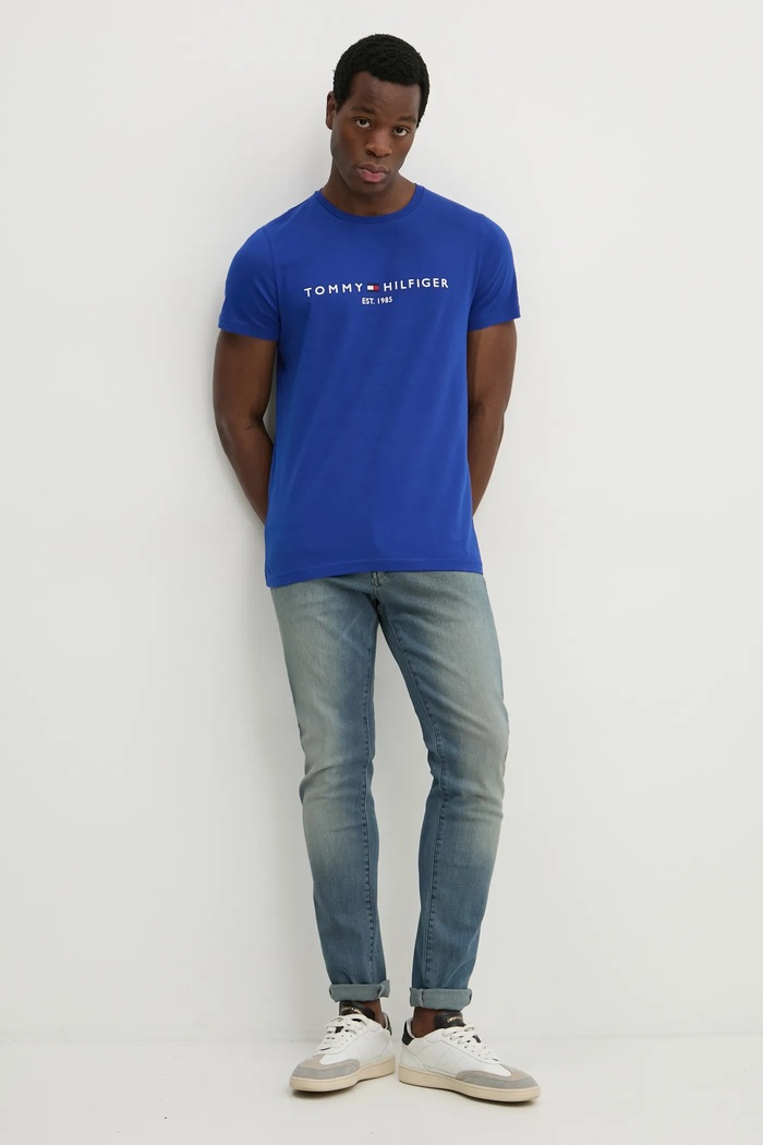 Bavlnené tričko Tommy Hilfiger MW0MW11797 modrá SS26
