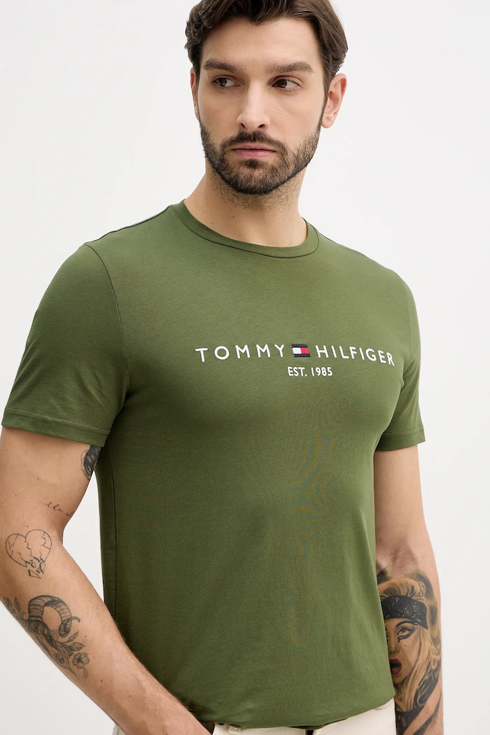 Bavlnené tričko Tommy Hilfiger zelená MW0MW11797
