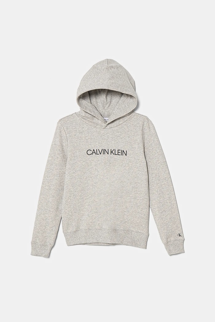 Dětská bavlněná mikina Calvin Klein Jeans s kapucí šedá IU0IU00163.4890