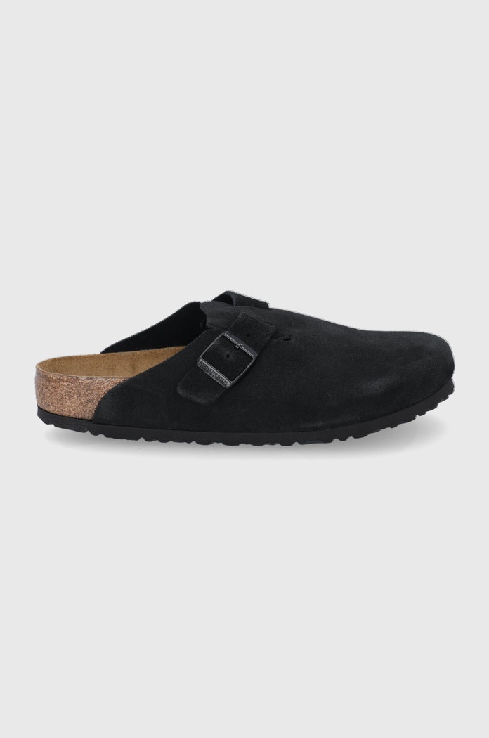 Birkenstock papuci din piele Boston plat negru 660471