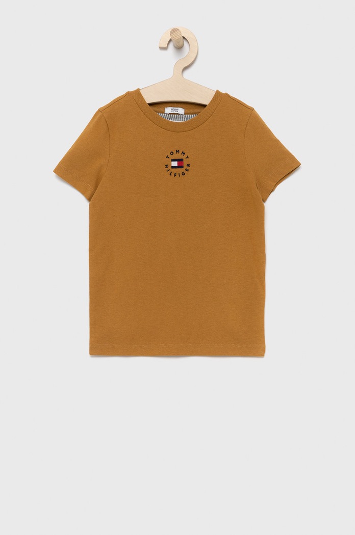 Παιδικό βαμβακερό μπλουζάκι Tommy Hilfiger απλικέ καφέ KS0KS00218.4890