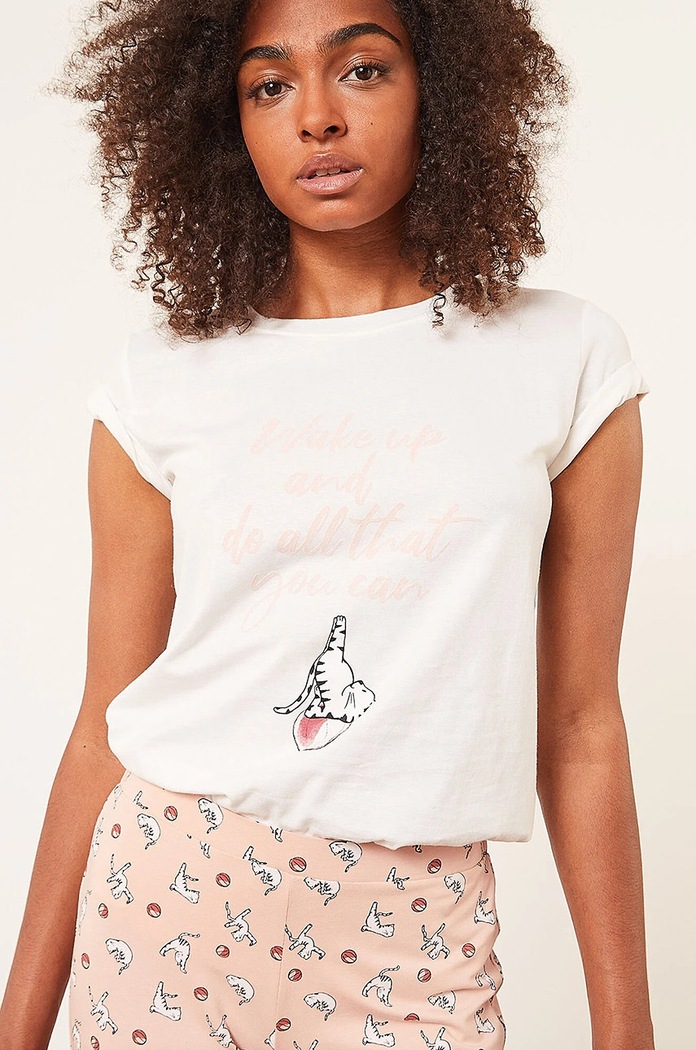 Etam T-shirt piżamowy nadruk beżowy 652838280