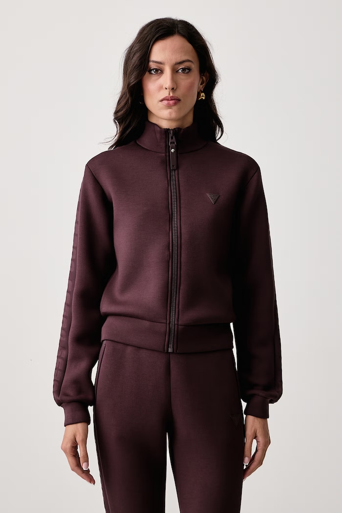 Guess Mikina na zips dámska s viskózou NEW ALLIE hnedá V2YQ17.K7UW2