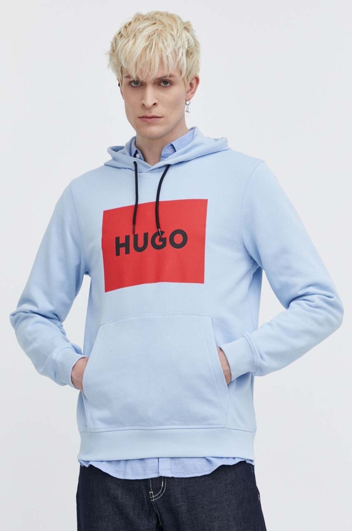 Bavlněná mikina HUGO s kapucí modrá 50473168