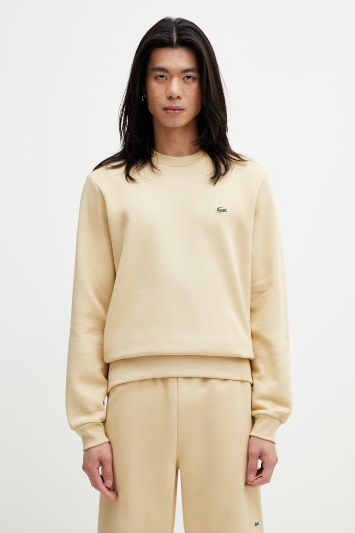 Lacoste μπλούζα με βαμβάκι ανδρική απλό μπεζ SH9608