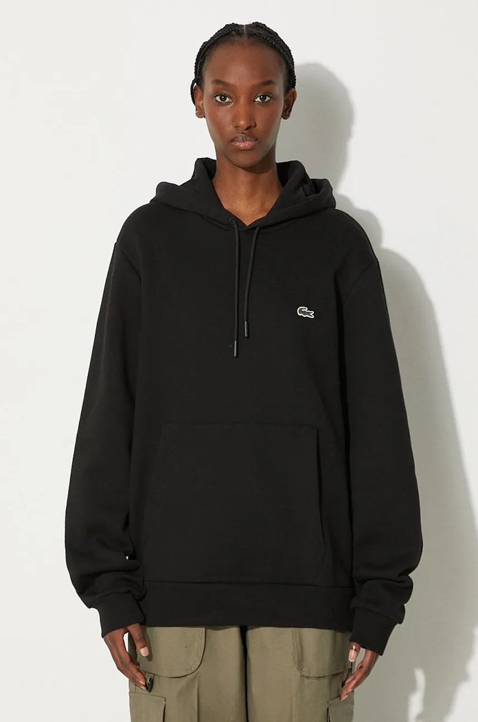 Lacoste μπλούζα με κουκούλα βαμβακερή απλό μαύρο SH9623
