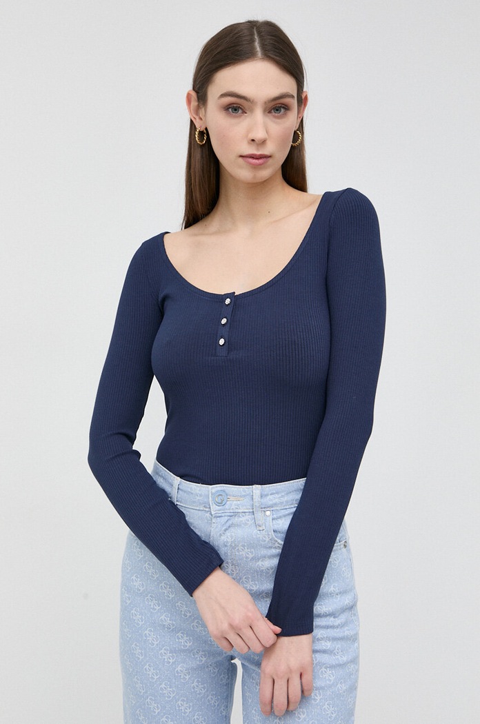 Tričko s dlouhým rukávem Guess KARLEE s elastanem námořnická modř W2YP46.KBCO2