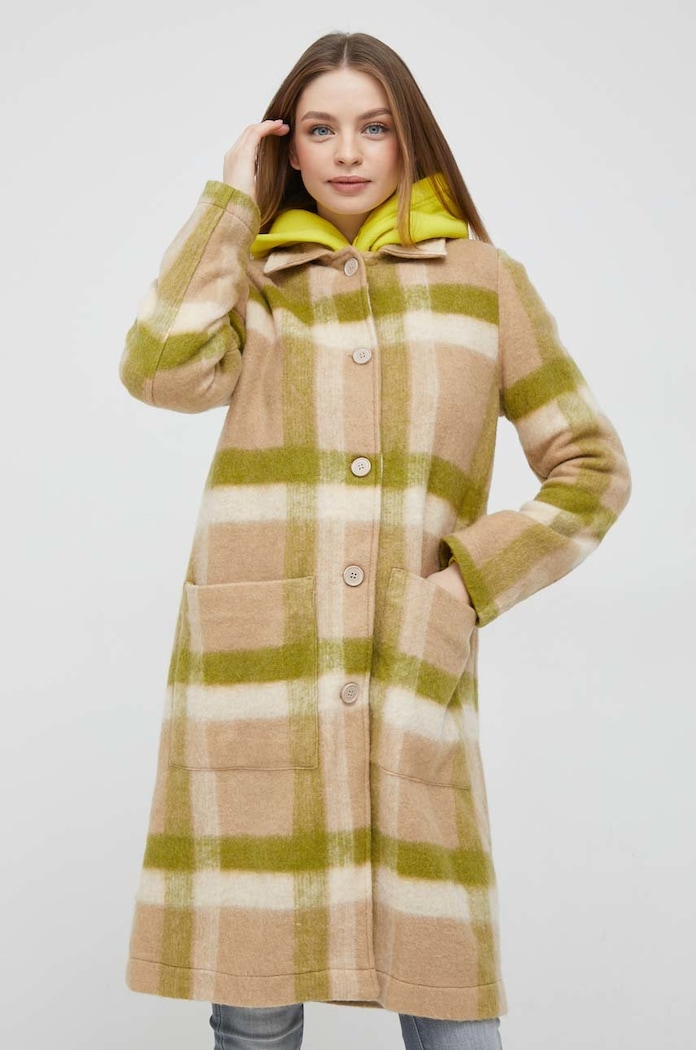 United Colors of Benetton płaszcz z domieszką wełny 2WO6DN023 beżowy AW22
