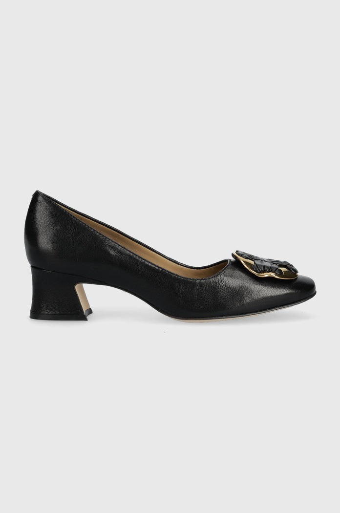 Tory Burch czółenka skórzane Woven Double T słupek czarny 140862.006