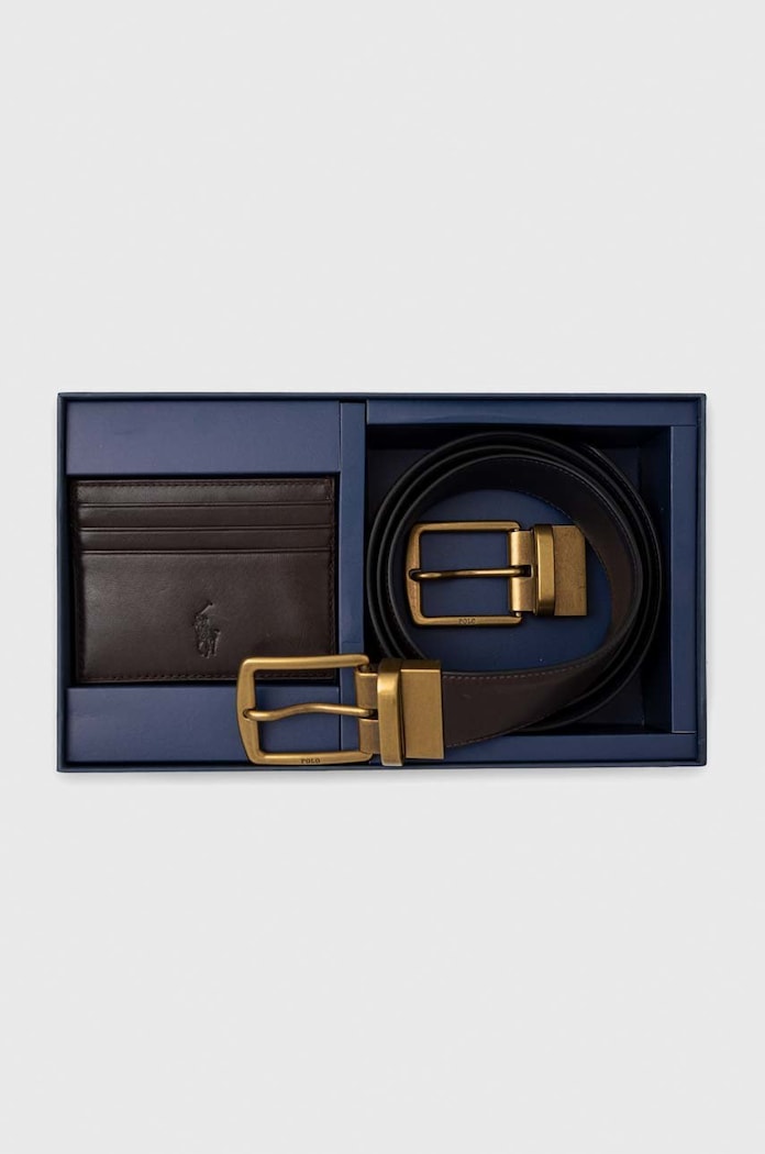 Polo Ralph Lauren pasek i etui na karty skórzane Planet friendly brązowy 405880721002