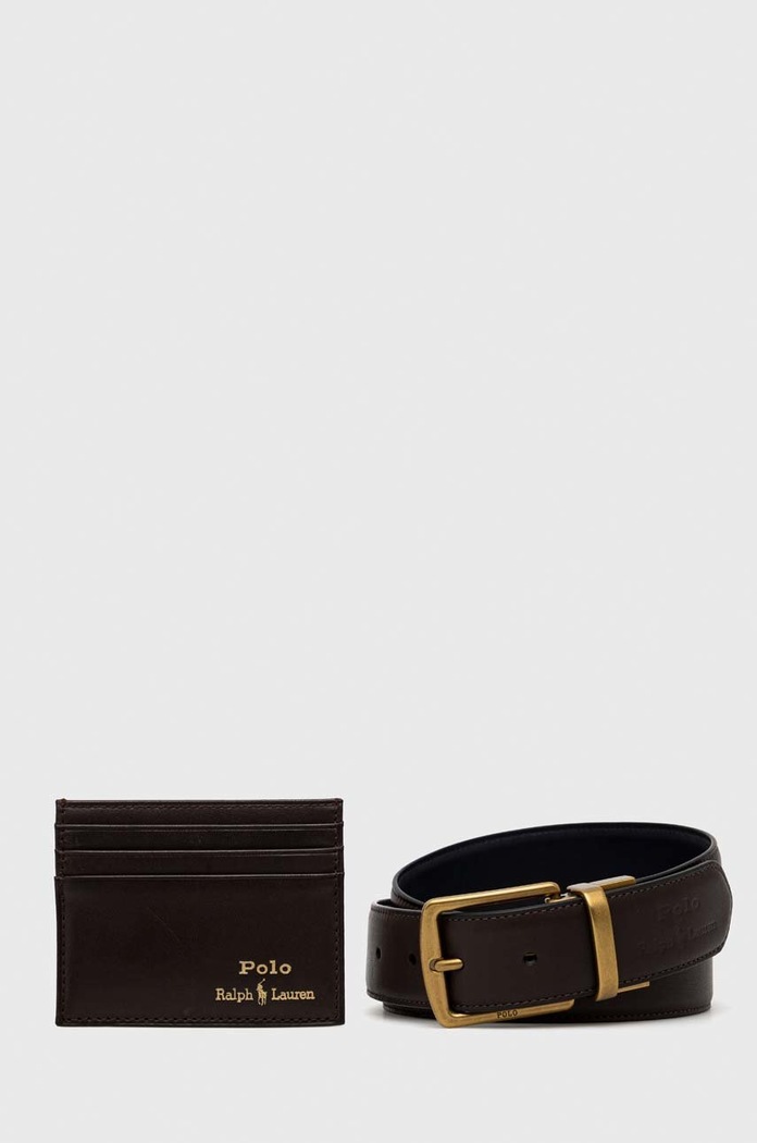 Polo Ralph Lauren pasek i etui na karty skórzane 405880721002 brązowy AW22