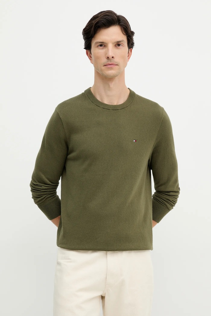 Sveter s prímesou kašmíru Tommy Hilfiger okrúhly zelená MW0MW28046.9BYY
