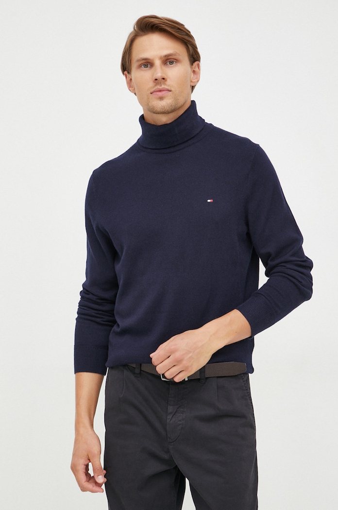 Πουλόβερ με μείγμα κασμίρ Tommy Hilfiger λεπτό σκούρο μπλε MW0MW28048.9BYY