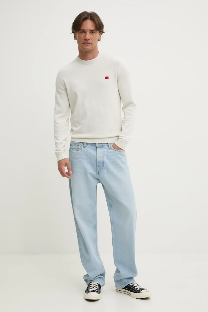 Βαμβακερό πουλόβερ HUGO San Cassius-C1 50475083 μπεζ AW25