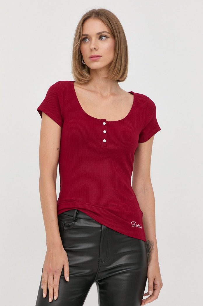 Guess t-shirt KARLEE z elastanem bordowy W2YP24.KBCO2