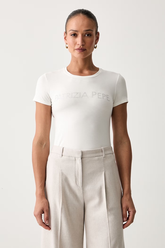Patrizia Pepe T-shirt damski z wiskozą aplikacja beżowy CM1419.J013
