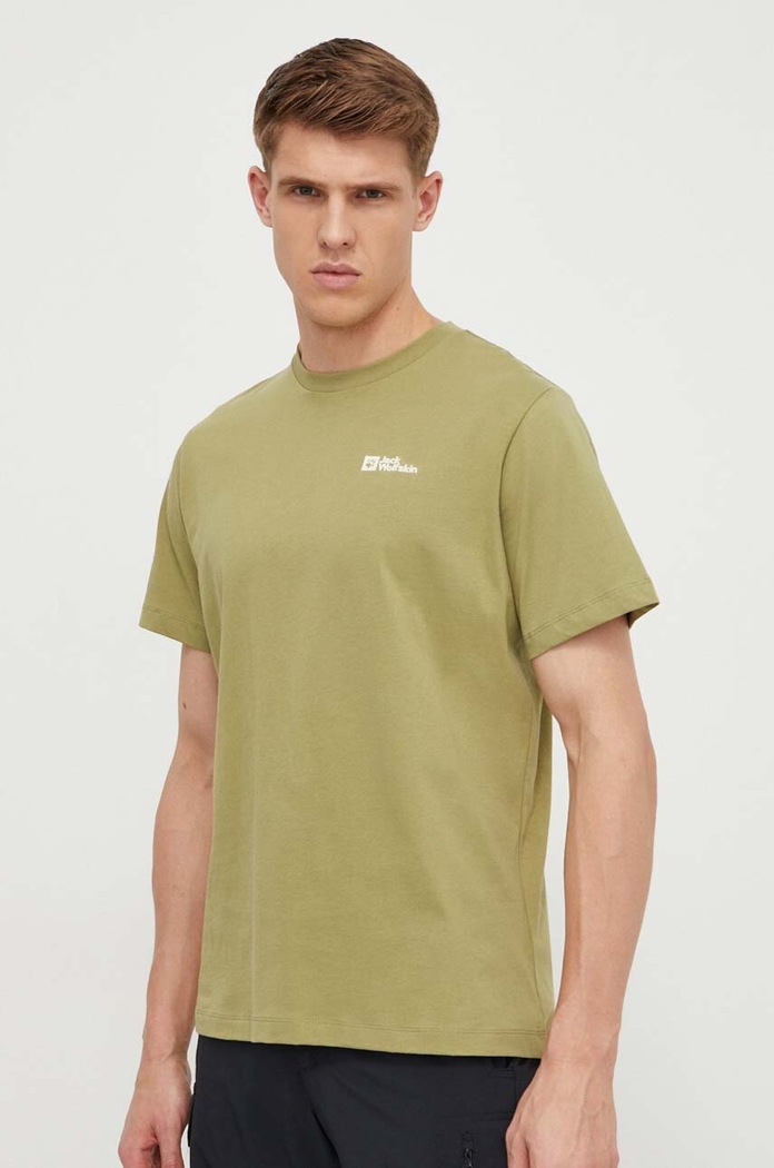 Bavlněné tričko Jack Wolfskin Essential kulatý zelená 1808382