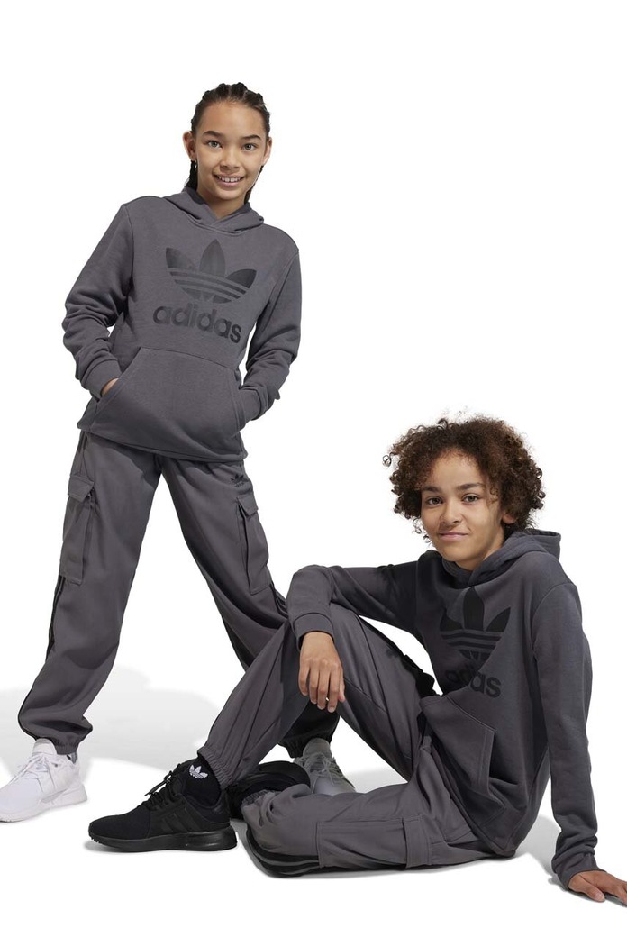 Detská mikina adidas Originals TREFOIL s kapucňou sivá IJ7206