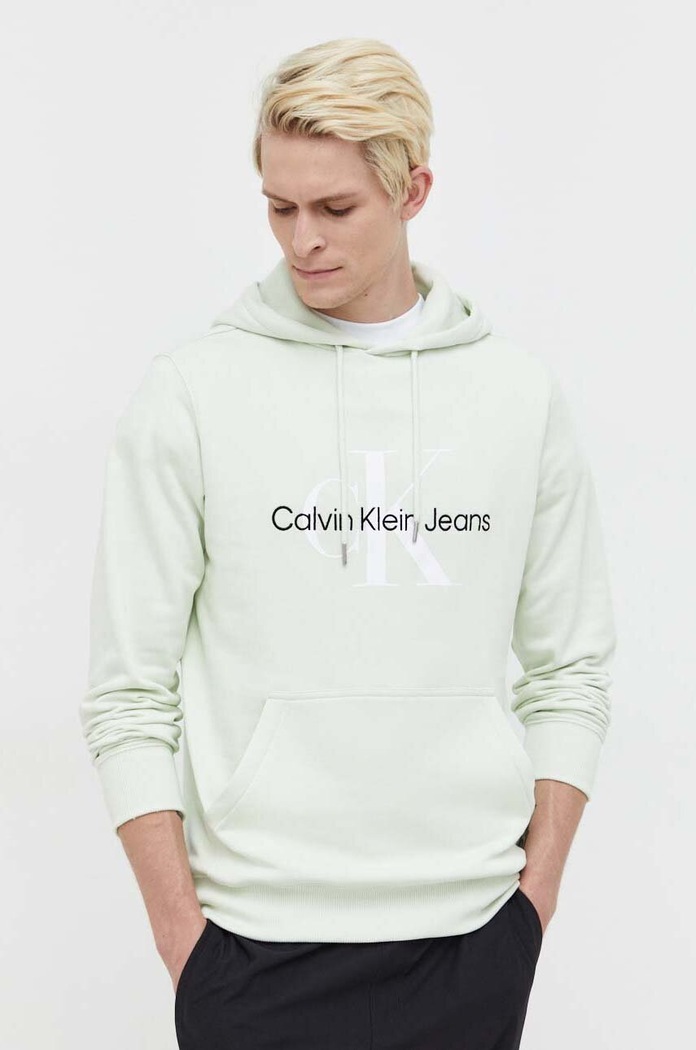 Pamučna dukserica Calvin Klein Jeans natpis zelena J30J320805