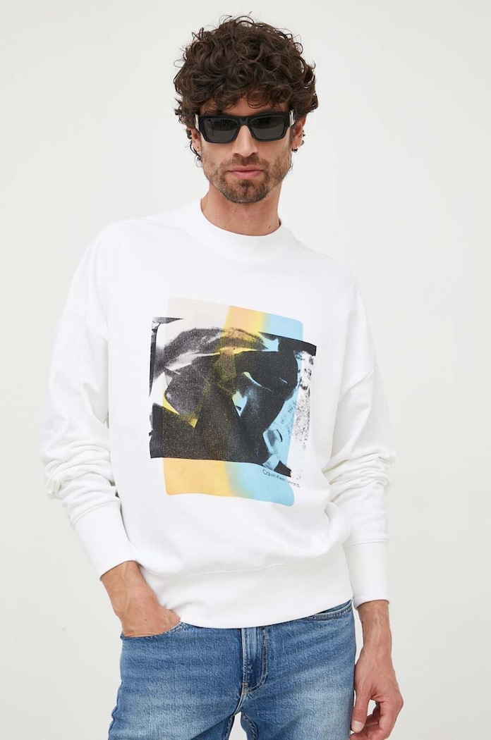 Bavlněná mikina Calvin Klein Jeans bez kapuce bílá J30J323750
