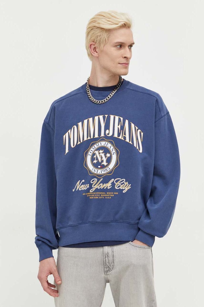 Bavlněná mikina Tommy Jeans bez kapuce námořnická modř DM0DM17798