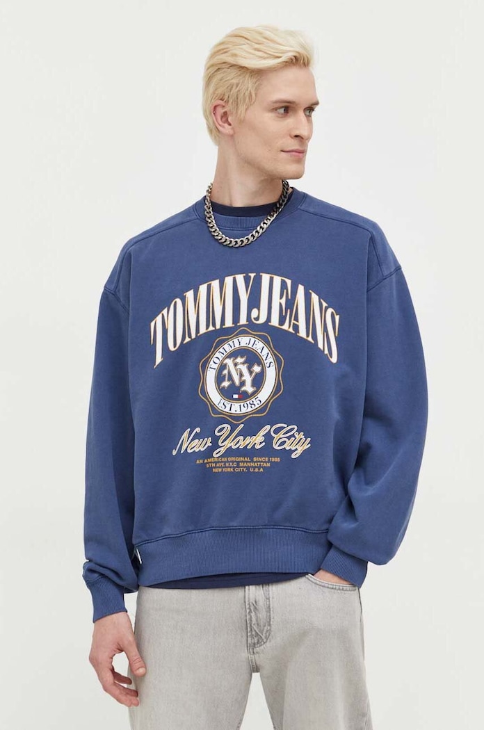 Bavlněná mikina Tommy Jeans bez kapuce námořnická modř DM0DM17798